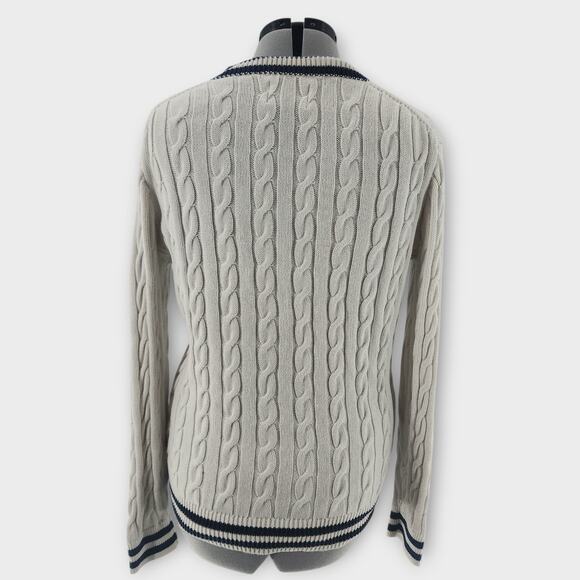 Old Navy Cable Knit Sweater Men's M Tall White Navy Striped V-Neck Preppy Tennis - Picture 4 of 6